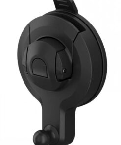 Mustasta muovista valmistettu Garmin-hyväksytty yleismallinen imukuppiteline, pyöristetty ja kompakti muotoilu, sivuprofiili.