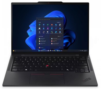 LENOVO T14S G6 INTEL + 4Y Premier Plus NBD AI PC, avoinna ja käynnissä. Näytöllä Windows 11 -aloitusvalikko, näppäimistö ja trackpad näkyvät. - Prisma-IT Web