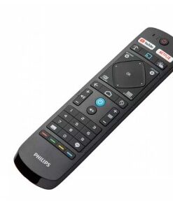 Philips must kaugjuhtimispult, numbriklahvid ja Netflixi nupp Must Philipsi kaugjuhtimispult, millel on numbriklahvid, Netflixi nupp ja suunajuhtimine, valgel taustal.
