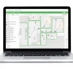 KNX Econfigure programm Schneider Electric kaubamärgilt sülearvuti jaoks... Sülearvuti monitoril on nähtav KNX Econfigure programmi kasutajaliides koos projektide graafikutega.