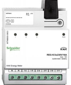 Schneider Electric KNX-energiamõõtja 3x230V/16A DIN-siini jaoks KNX-energiamõõtja valgel DIN-siinil, rohelised ühendusportid ja märgutuli Schneider Electric logo all.