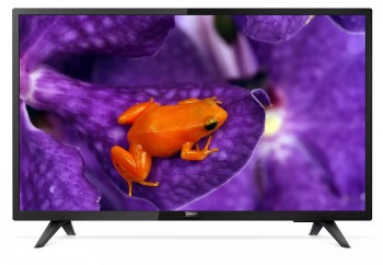 Philips 32-tolline Full HD Android TV, mustad alused, lilla lille taust ja oranž konn.