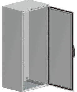 Schneider Electric Spacial SM põrandakapp, 2-ukseline, 1200x1000x300 Hall metallist põrandakapp, millel on kaks ust ja paigaldusplaat. Uks on avatud, sisemus on nähtav.