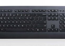 Must, juhtmevaba Lenovo klaviatuur, põhjamaine paigutus, pildistatud otse eestvaates.
