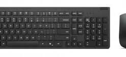 Must Lenovo juhtmeta klaviatuur ja hiir USB-vastuvõtjaga, pildistatud eestvaates.