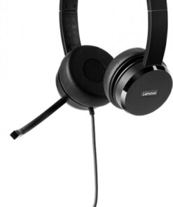 Mustat, kevytrakenteiset Lenovo USB-stereokuulokkeet säädettävällä pannalla, pehmustetuilla korvakkeilla ja joustavalla mi...