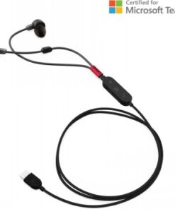 Musta Lenovo in-ear -kuulokesetti, USB-C-liitäntä, punainen yksityiskohta ja ohjauspaneeli Teams-sertifikaatilla.