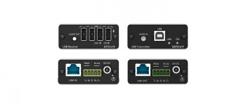 KRAMER EXT3-U-KIT Cat5-pikendusseade USB-portidega Kaks musta seadet, mis sisaldavad USB-porte ja võrguühendusi. Esikülje ja tagakülje vaated valgel taustal.