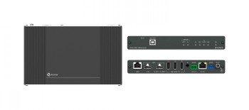 HDMI-pikendaja, millel on tumehall korpus, ühendusportid ja LED-indikaatorid esi- ja tagapaneelil.