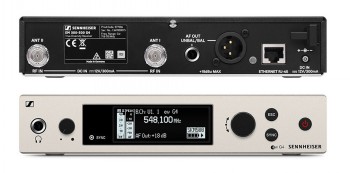 Sennheiser EW 500 G4-935-AW+ juhtmevaba mikrofonisüsteem, HP Poly Audio Juhtmevaba Sennheiser EW 500 G4-935-AW+ mikrofonisüsteemi esi- ja tagapaneelid mustvalges korpuses.