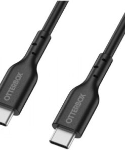 Must 2 meetri OTTERBOX USB-C-kaabel, millel on USB-PD-tugi. Mõlemas otsas pistikud ja kaabli pind vastupidav.