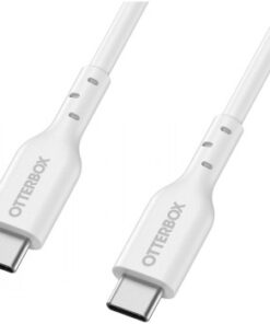 Valge USB-C-kaabel Otterboxi logoga ja 2-meetrine pikkus, lähivaade pistikutest.