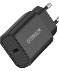 Must Otterbox USB-C seinalaadija, millel on 20W võimsusega USB-PD port ja kaks metallist pistikut.