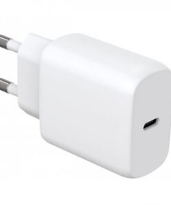 Valkoinen, kompakti Grateq-verkkovirtalaturi USB-C-portilla, kaksihopeiset pistotulpat ja pyöristetty suorakaiteen muoto, ...