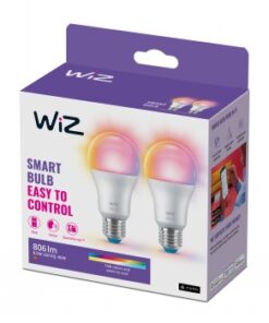 Wiz Wi-Fi BLE RGB nutikad lambid 60W A60 E27 -pakend Kaks Wiz-nimelist RGB-nutikat lampi pakendis, millel on lilla ja valge värvilahendus.