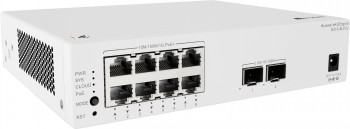 Huawei eKit S210-8LP2J Switch, ventilaatorita ja kompaktne lüliti PoE-toega. Huawei eKit Switch-lüliti, valge ristkülikukujuline seade, kaheksa Ethernet-porti ja kaks SFP-porti ees.