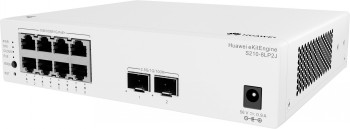Huawei EKit S210-8LP2J Switch, 8 porti ja ventilaatori disain Huawei EKit S210-8LP2J switch, valge, kaheksa Ethernet-porti ja kaks SFP-porti, ventilaatori õhuava.