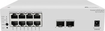 Huawei S210-8LP2J lüliti, 8-portiline ja 2 SFP-portiline mudel Huawei S210-8LP2J lüliti, 8 Ethernet-porti ja 2 SFP-porti, valge, ventilaatori õhuvõtt esipaneelil.