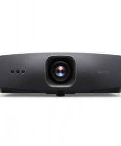 Must Benq projektor otse eestvaates, suur lääts keskel ja minimalistlik disain.
