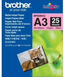 Brother Matte Inkjet Paper -pakend, sinine taust, A3-suurus, 25 lehte, kaasas tiigri pilt.