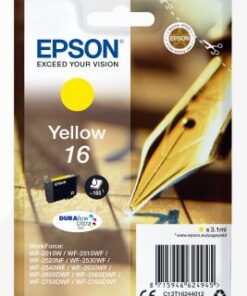 Epson Pen&C 16 kollane tindikassett - ere ja täpne printimiskvaliteet. Epson Pen&C 16 kollane tindikassett oma pakendis, taustal kuldne täitesulepea ots.