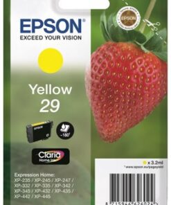 Epsoni kollane tindikassett, ühekaupakarp, maasika pilt karbi esiküljel.