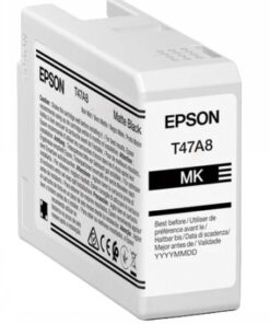 Epson T47A8 mattmust eraldi pakitud tindimahuti, valge ristkülikukujuline disain koos tekstiga.