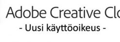 Adobe Creative Cloud -brändilogo tekstillä "Uusi käyttöoikeus" valkoisella taustalla, punainen pilvikuvake vasemmalla.