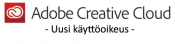 Adobe Creative Cloud -brändilogo tekstillä "Uusi käyttöoikeus" valkoisella taustalla, punainen pilvikuvake vasemmalla.