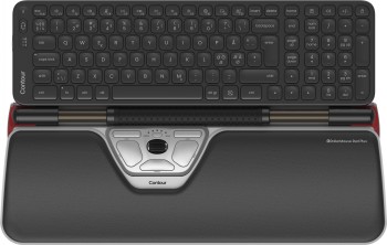 Contour Design juhtmevaba klaviatuur ja hiirekontroller ergonoomilise toega. Mustvalge juhtmevaba klaviatuur ja ergonoomiline hiirekontroller pehmendatud randmetoega, ülalt vaadatuna.