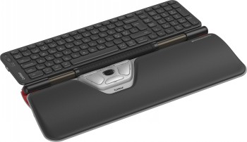 Contour Rollermouse Red Plus ja Balance Mid-Size juhtmevaba klaviatuur Juhtmevaba must ja hõbedane rullikhiir koos integreeritud randmetoega ning ruumisäästlik must klaviatuur.