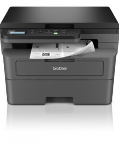 Must Brotheri laserprinter, millel on paberisööt ja väljatrükk nähtaval, pildistatud laualt eestvaates.