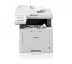 Valge Brother DCP-L5510DW laserprinter läikiva pinnaga ja paberisalvega.