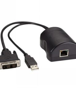 Must serveri liidese moodul, millel on DVI-, USB- ja Ethernet-pordid, ühendatud kaablitega.