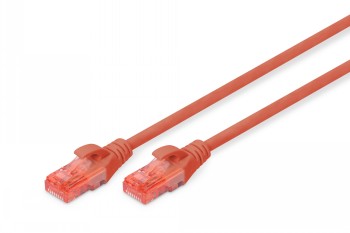 Punane 1 meetrine CAT 6 võrgukaabel, mille mõlemas otsas on läbipaistvad RJ45-pistikud.