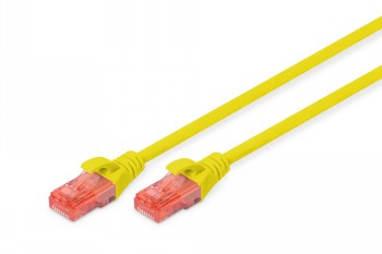 Digitus CAT 6 kollane võrgukaabel, 1 m, U-UTP, PVC Kollane CAT 6 võrgukaabel punaste pistikutega, asetatud valgele taustale.