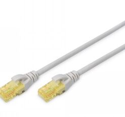Hall 1 meetri CAT 6A võrgujuhe, RJ45-pistikud mõlemas otsas, lähivaade ülanurgast.