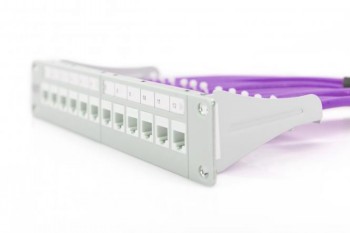 Digitus CAT 6 paigalduskaabel ja patch-paneel, 305 m karp, 250 MHz Hele patch-paneel nummerdatud portidega ja lillade võrgukaablitega valgel taustal.