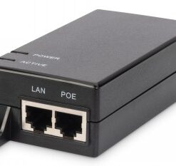 Must ristkülikukujuline PoE-injektor, mille ees on LAN- ja POE-portid ning märgistused Power ja Active.