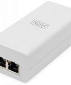 Valge, väikese suurusega Gigabit Etherneti PoE+ injektor, kaks RJ45-porti ees.