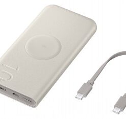 Helebeež Samsungi kaasaskantav akupank ja USB-C laadimiskaabel valgel taustal.