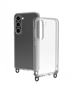 Läbipaistev musta servaga kaitseümbris ja telefoni pael Samsung Galaxy S23 telefonile.