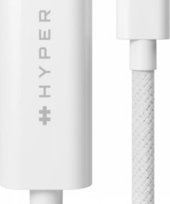 Hyper 2,5 m USB-C-HDMI-kaabel, 4K 60 Hz, valge punutis Valge punutud USB-C-HDMI-kaabel, millel on Hyperi logo. Nähtaval on mõlemad otsad lähivõttes.
