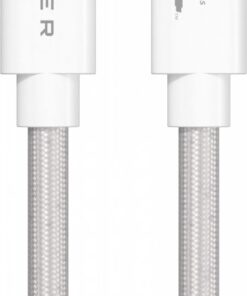 Hyper 1,2 m USB4 kaabel, punutud ja 240 W, valge Valge punutud 1,2-meetrine USB4-kaabel Hyperi logoga. Näitab kahte USB-C pistikut.