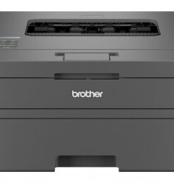 Must, kompaktne ja ristkülikukujuline Brotheri laserprinter, millel on paberisööt ülevalt.