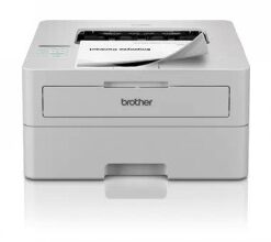 Hele Brother HL-L2865DW printer, millelt paistab väljuv leht. Kompaktne lauamudel.