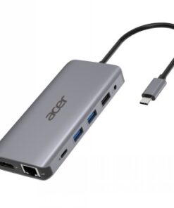 Acer 12-in-1 Type-C dongel - mitmekülgne lisatarvik Hõbedane Acer 12-in-1 Type-C dongel, millel on mitu porti, näiteks USB, HDMI ja Ethernet. Juhtme vasak ots nähtaval.