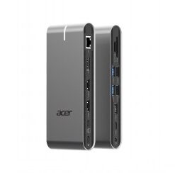 Acer Universal Type C dokkimisjaam 15-in-1 mitme ühendusvõimalusega. Hall Aceri 15-in-1 Type C dokkimisjaam mitme ühendusportiga, pildistatud kahest nurgast.