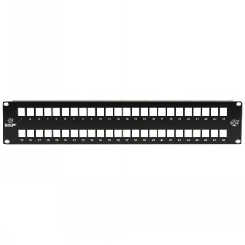 Must 48-pordiline 2U-suurusega multimedia patch panel sirge konstruktsiooniga, kus numereerimine mõlemal pool...