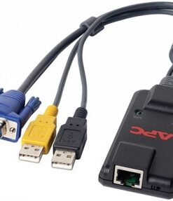 APC USB-serverimoodul, sinine VGA-pistik, kaks USB-pistikut ja must kaabel võrgupistikuga, vaade...